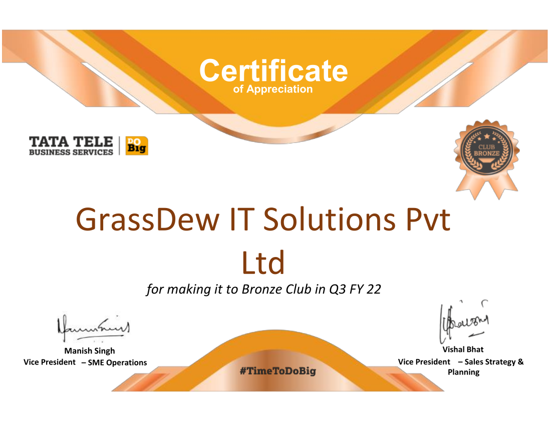 Congratulations to GrassDew IT Solutions Pvt Ltd for making it to Bronze Club in Q3 FY 2022 at Tata Teleservices Ltd.