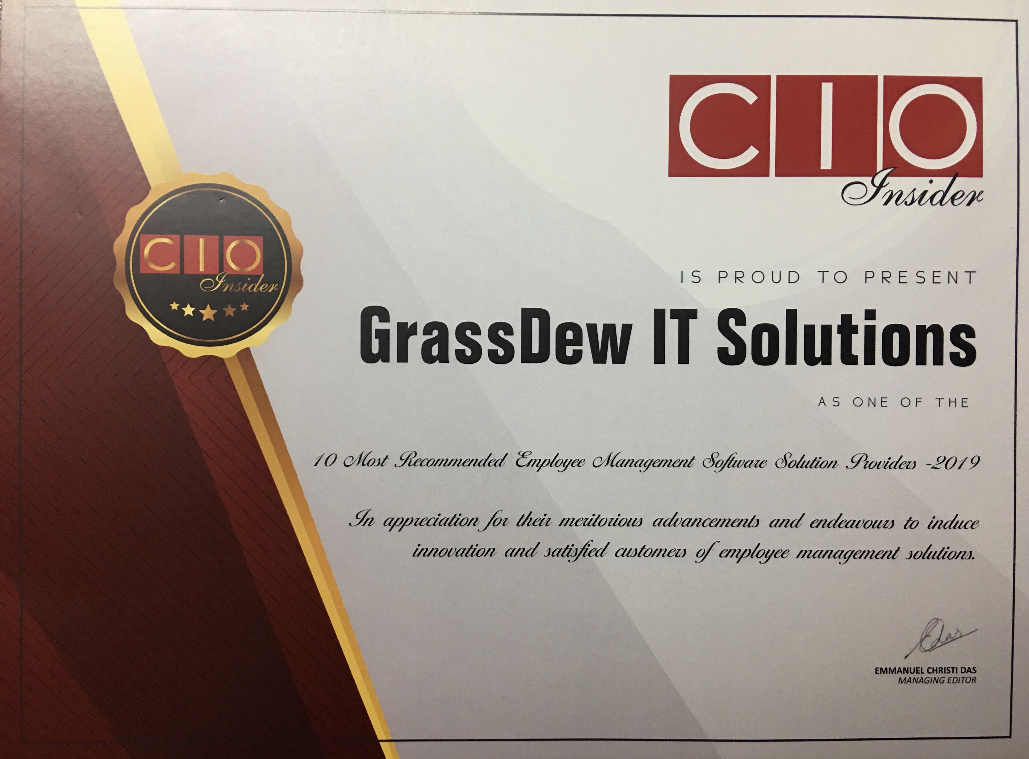 CIO Insider (Dec 2019) GrassDew Certificate Image